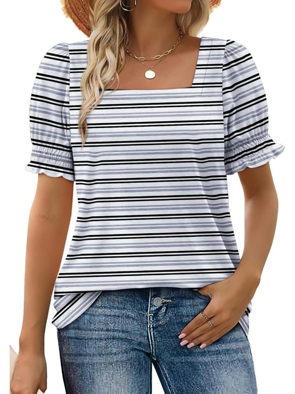Women's 1 Stripes Black Square Neck Top Summer Casual Ruffle Trim Sleeve T Shirt